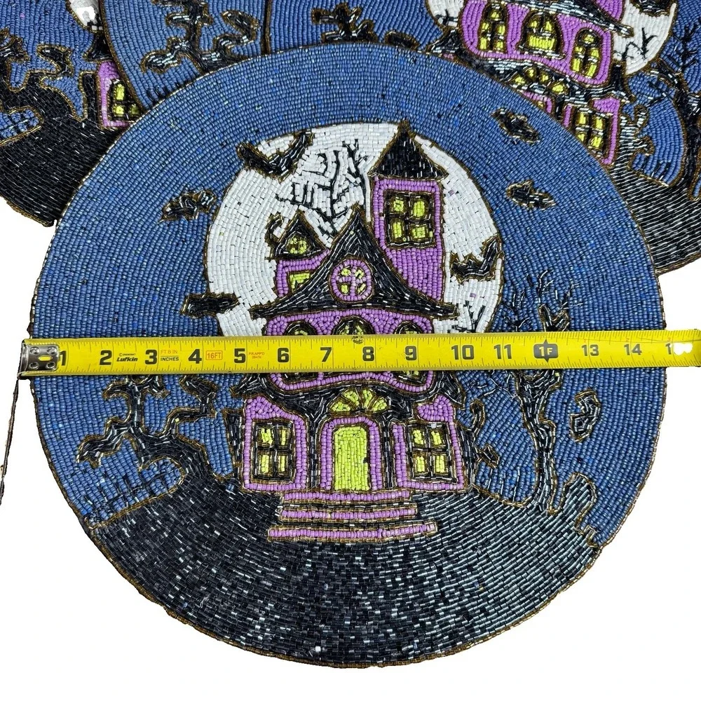 4X Nicole Miller Halloween Beaded Haunted House Placemats Chargers Spooky Decor